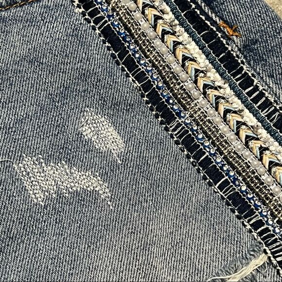 Free People Silver Pearl Crystal Side Stripe Embellished Denim Jean Mini Skirt 2 - Picture 2 of 8